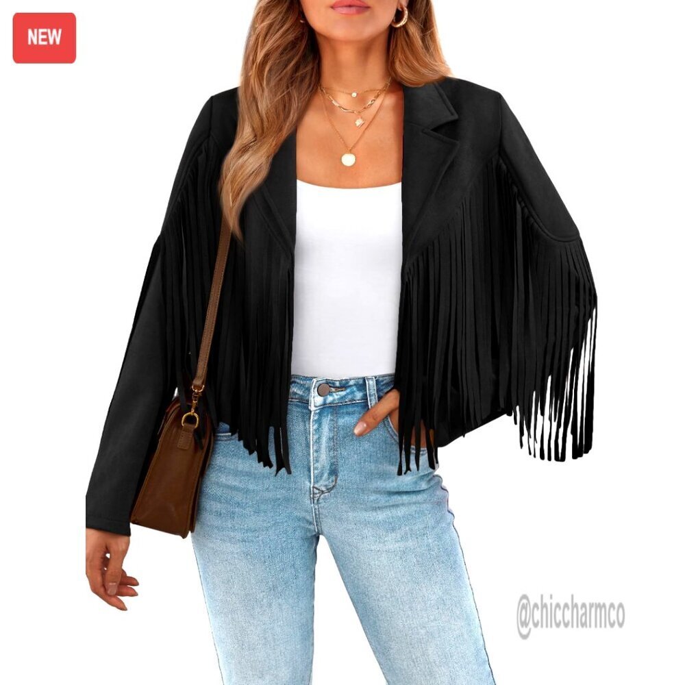 Cropped Faux Suede Leather Jacket Fringe Western Biker Moto Chic